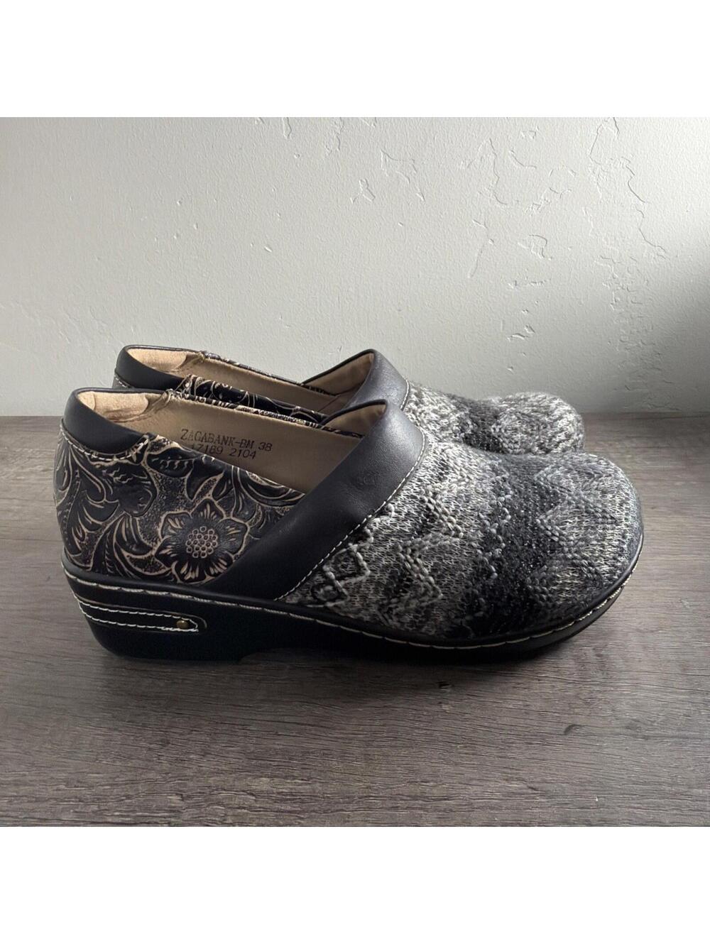 L'Artiste Spring Step Zagabank Womens 38 Black Leather Woven Textile Slip On Clo